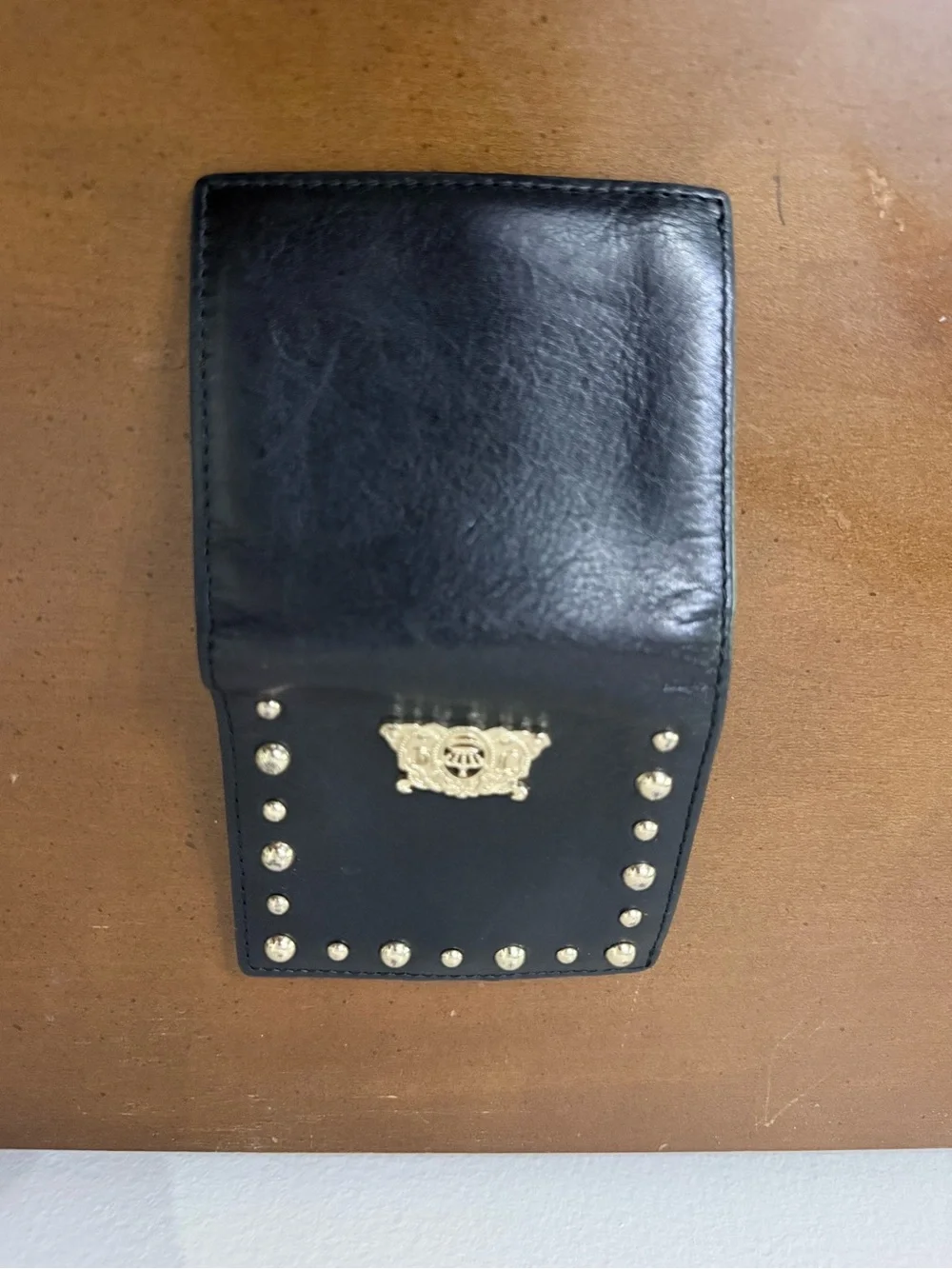 Y2K Juicy Couture Black Leather Gold Studded Logo Charm Bifold Wallet Edgy Punk